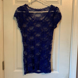 Women's Blue Lace Sheer T-Shirt with Stretch